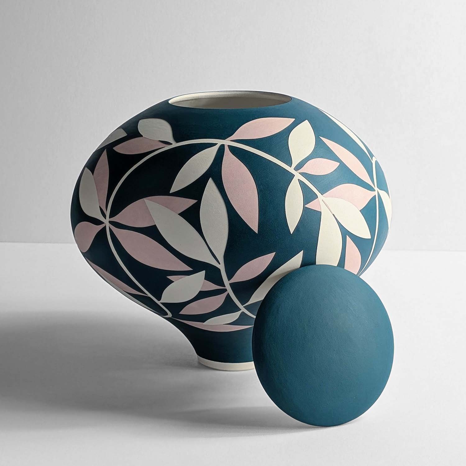 Leaf Ceramic Cremation Urn for Ashes Handmade Ceramic Cremation Urn for Ashes Pink Blue Leaf peel and reveal Georgie Gardiner Artistic urn studios