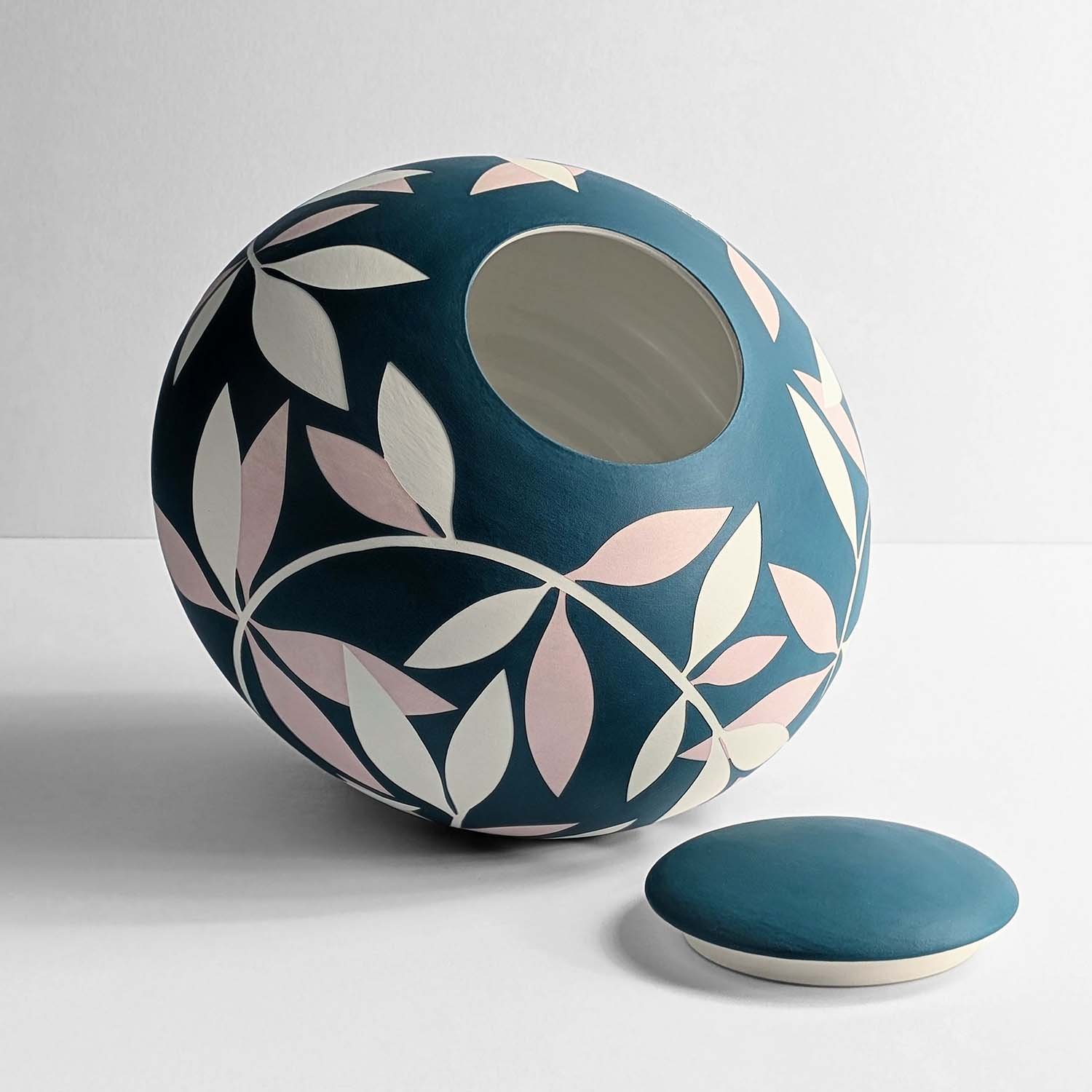 Leaf Ceramic Cremation Urn for Ashes Handmade Ceramic Cremation Urn for Ashes Pink Blue Leaf peel and reveal Georgie Gardiner Artistic urn studios