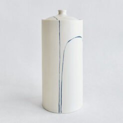 Porcelain Cremation Urn Lines V4 – white porcelain urn blue line design, handmade by Liz O’Dwyer - urn studios UK