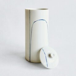 Porcelain Cremation Urn Lines V4 – white porcelain urn blue line design, handmade by Liz O’Dwyer - urn studios UK