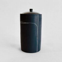 Porcelain Cremation Urn Lines V5 – black porcelain urn blue line design, handmade by Liz O’Dwyer - urn studios UK