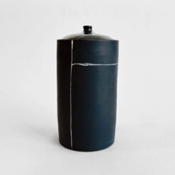Porcelain Cremation Urn Lines V5 – black porcelain urn blue line design, handmade by Liz O’Dwyer - urn studios UK