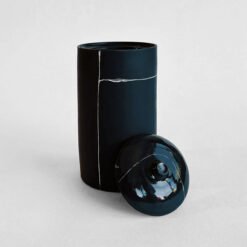 Porcelain Cremation Urn Lines V5 – black porcelain urn blue line design, handmade by Liz O’Dwyer - urn studios UK