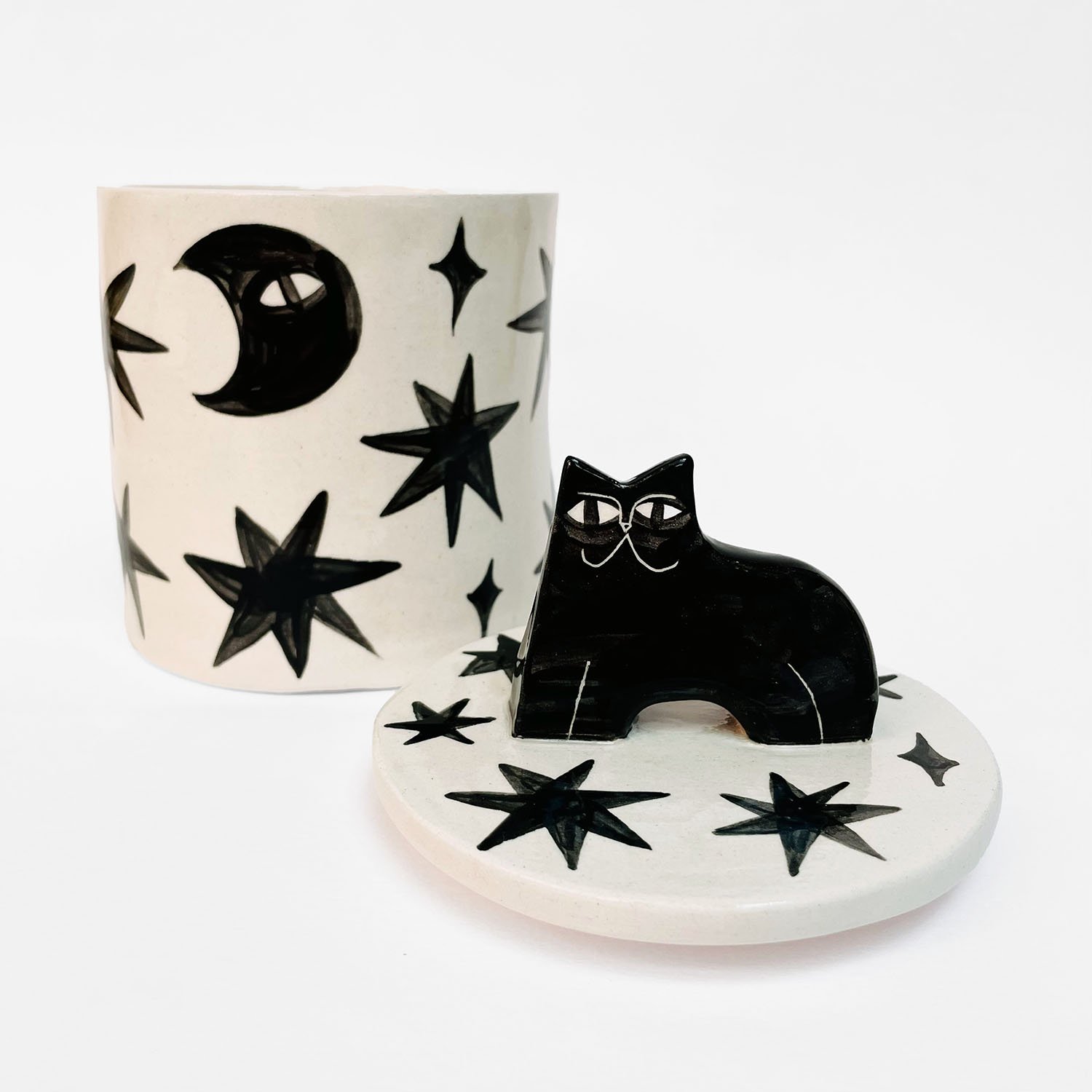 Dreams • Ceramic Cat Cremation Urn Anna Soba Cat Urn Studios Pets Dreams Stars Moons Black & White Cremation UK
