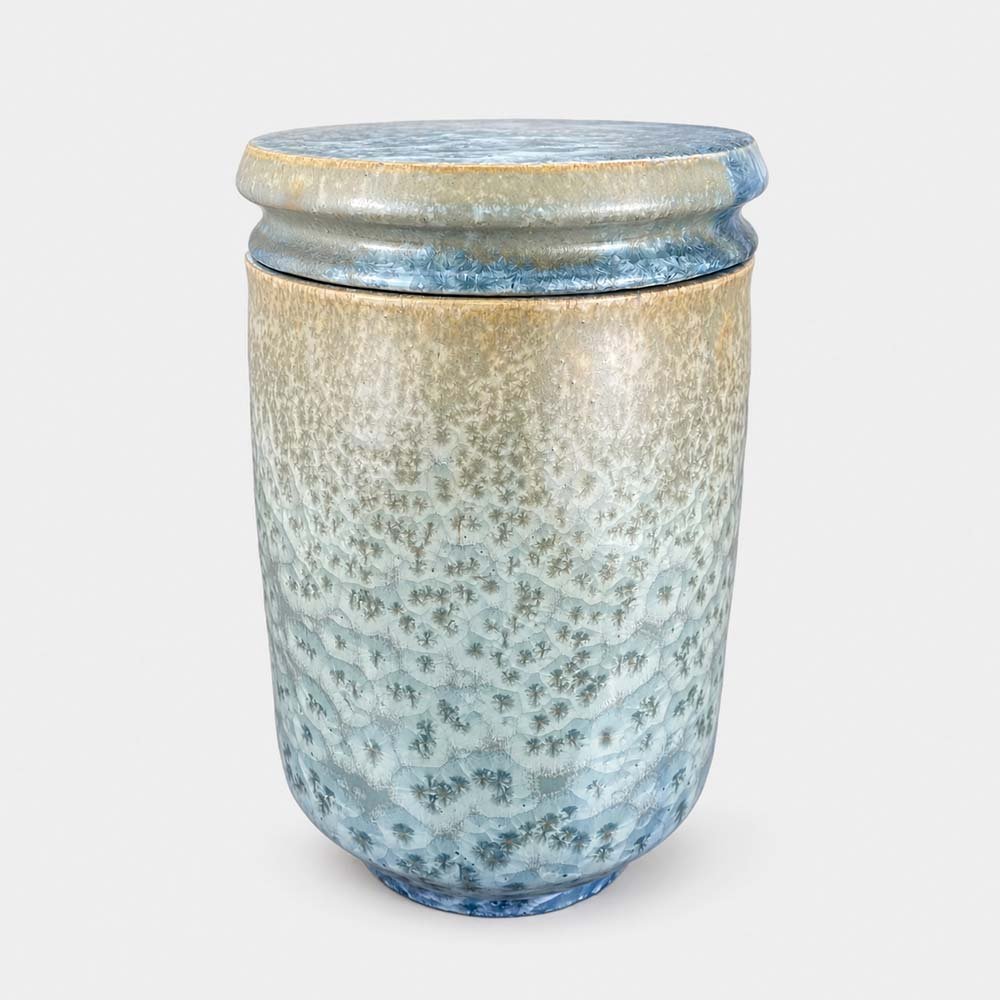 Crystal Tide • Ceramic Cremation Urn Robert Bende Crystal Ceramic Cremation Urn for Ashes Handmade in UK Urn Studios Pale Blue Beige Urns
