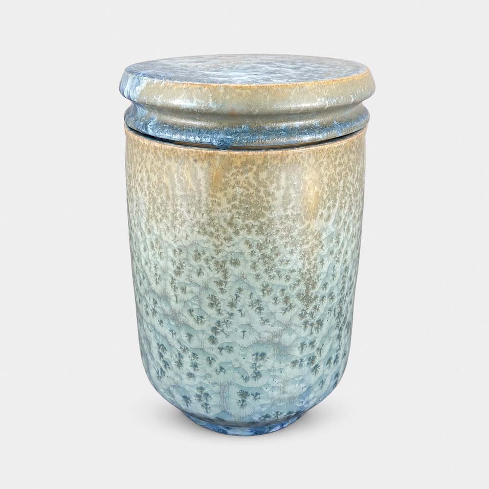 Crystal Tide • Ceramic Cremation Urn Robert Bende Crystal Ceramic Cremation Urn for Ashes Handmade in UK Urn Studios Pale Blue Beige Urns