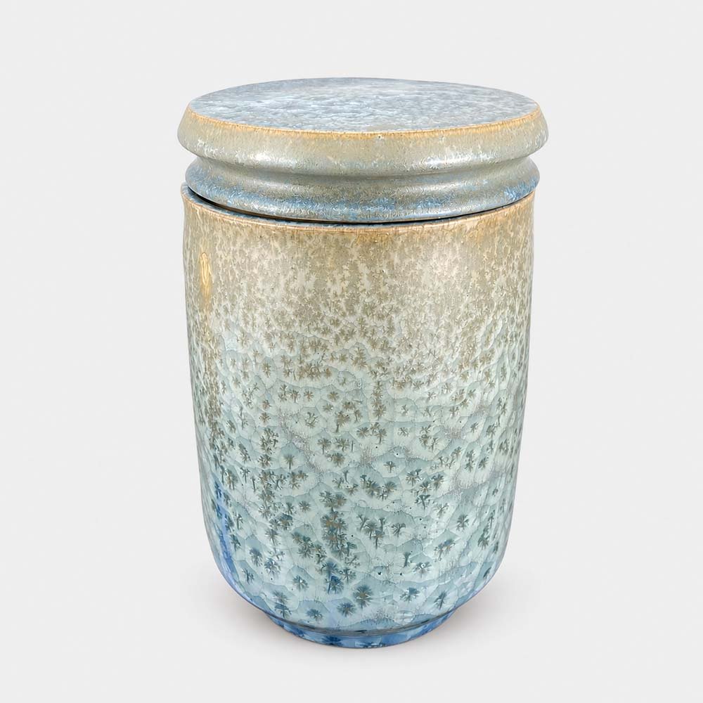 Crystal Tide • Ceramic Cremation Urn Robert Bende Crystal Ceramic Cremation Urn for Ashes Handmade in UK Urn Studios Pale Blue Beige Urns
