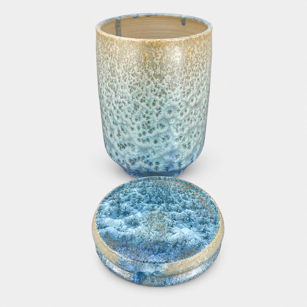 Crystal Tide • Ceramic Cremation Urn Robert Bende Crystal Ceramic Cremation Urn for Ashes Handmade in UK Urn Studios Pale Blue Beige Urns
