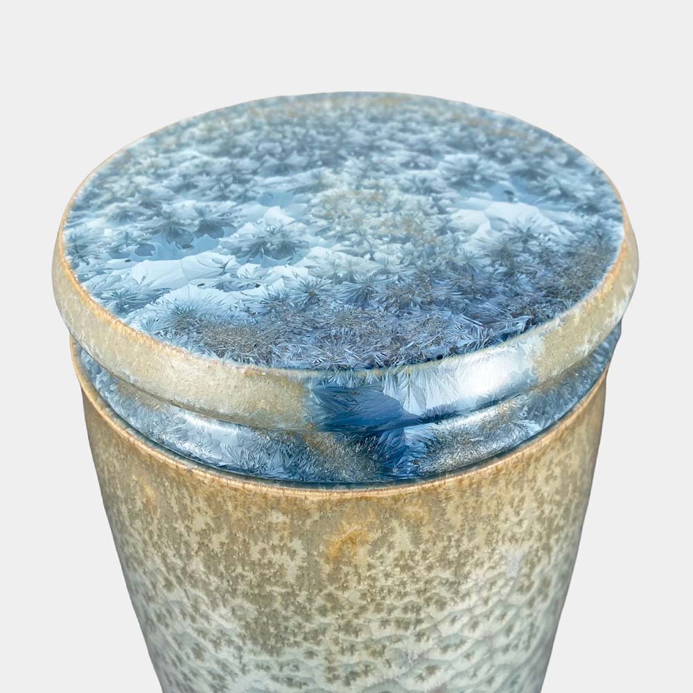 Crystal Tide • Ceramic Cremation Urn Robert Bende Crystal Ceramic Cremation Urn for Ashes Handmade in UK Urn Studios Pale Blue Beige Urns