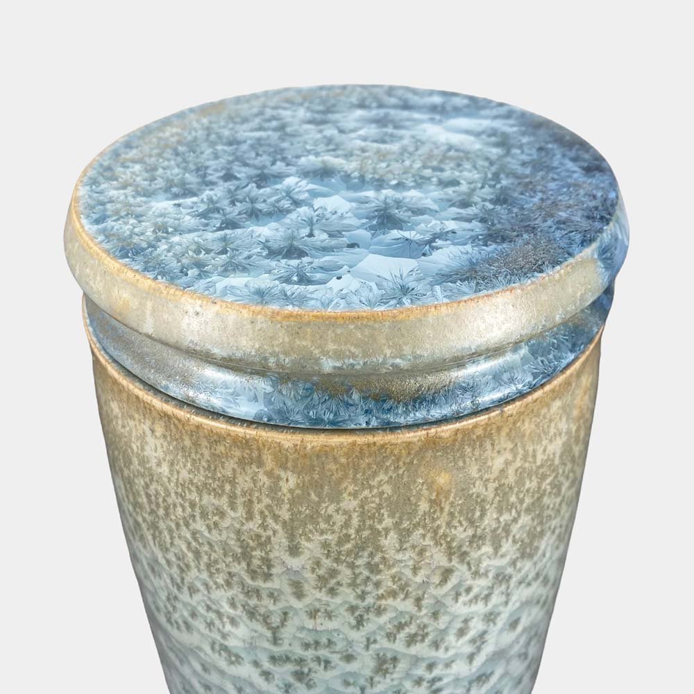 Crystal Tide • Ceramic Cremation Urn Robert Bende Crystal Ceramic Cremation Urn for Ashes Handmade in UK Urn Studios Pale Blue Beige Urns