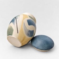 Blue Arc • Ceramic Urn Gilly Whittington Handmade Painted Blue Urns for Ashes Artistic Colourful Stripes UK Urn Studios
